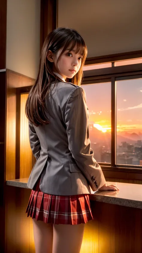  young Japanese girl in uniform  ,  wearing a plaid pleated micro mini skirt,  blazer,  beautiful eyes drawn down to the smallest detail,  glossy lips, length,  smooth,  shiny brown hair and asymmetrical oblique bangs  ,  Nova Frog Style Floating Hair  ,  ...