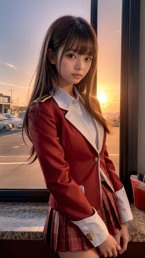  young Japanese girl in uniform  ,  wearing a plaid pleated micro mini skirt,  blazer,  beautiful eyes drawn down to the smallest detail,  glossy lips, length,  smooth,  shiny brown hair and asymmetrical oblique bangs  ,  Nova Frog Style Floating Hair  ,  ...