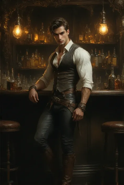 (masterpiece, best quality, realistic, ultra high detailed, UHD, view from a distance, facing the camera), Victorian Steampunk Bar: A tall, sexy young man with a muscular build stands confidently behind a bar in a high-end Victorian steampunk saloon. His v...