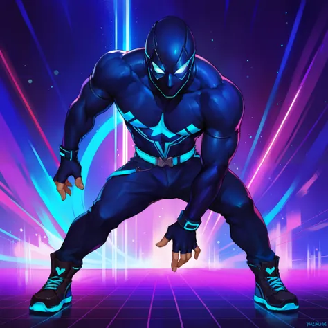 score_9, score_8_up, score_7_up, score_6_up, score_5_up, score_4_up, did vaporwave style male symbiote style superhero with a blue spiderman logo and blue fingertips with a black symbiote body and glowing hombe features, uv lights, face fully covered by sy...