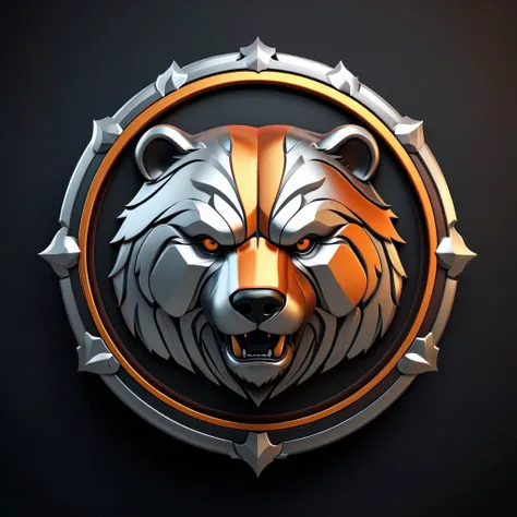 Realistic Round Shield Shape Emblem of a Chinese Platinum&Orange Bear Head, Dark Theme, Face and Body, Cool, Platinum&Orange, Platinum&Orange Bears For Honor Name, Cinematic, Dark Fantasy, Illustration, 4k, Ultra Resolution, 3Dv0.2v0.2 Render