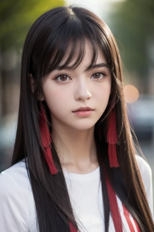 2D French girl with long black hair with ONE red streak and brown eyes, Skin color is white. A photo focusing on the face and hair. 