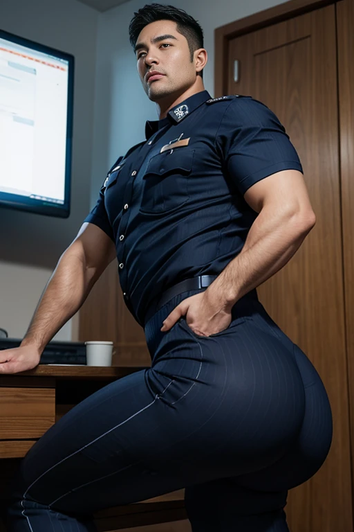 40-year-old boy ,Korean bulky male officer ,Wear navy blue police uniform shirt................ pinstripe navy blue smooth tight trouser, transparent pants obvious underwear print ,((unrealistic super big tight butt wearing pants)), legs wide open, legs on...