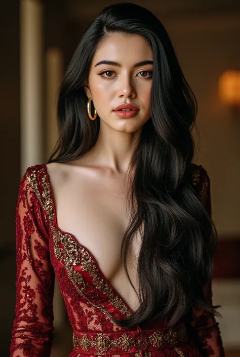 a beautiful European goddess, 18 years old sexy girl, slim figure, intricate ornate costuming, long flowing hair, provocative pose, deep cleavage, extra large boobs,(coverd nipples:0.5),extremely detailed, hyperrealistic, photorealistic, 8k, cinematic ligh...