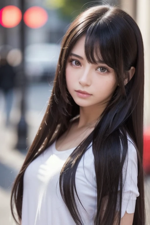 2D French girl with long black hair with ONE red streak and brown eyes, Skin color is white. A photo focusing on the face and hair. 