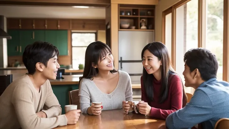 A warm and bright living room in Japan, where a Japanese family is having a heartfelt conversation. The family consists of a father, a mother, and their teenage son (around ). They are sitting together, smiling and engaging in a joyful discussion. The atmo...