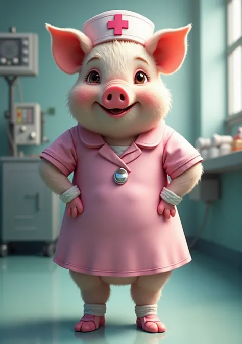 photorealistic portrait of Dressed animals - a ((fat)) (baby pig) nurse,(realistic),(elegant pose:1.2),(furry),(hands on hips:1.5), (happy smile:1.5),(happy),high quality,(lovely) ,intricate details, highly detailed ((pink nurse clothes)), wearing nurse ca...