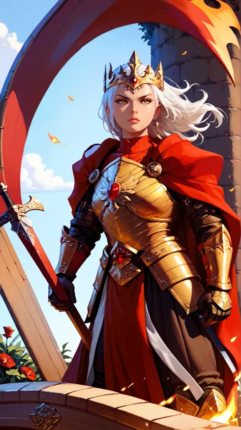  Create a woman of fire , very high,  with long white hair ,  yellow eyes,  very beautiful with a body sculpture ,  wearing golden armor ,  wearing a golden crown with red stones,  she is fighting with swords ,  against an enemy in black armor , and boat h...