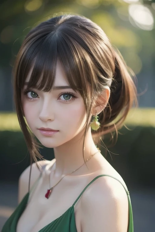  close-up of a woman in a green dress and necklace,   ,  Realistic Anime 3D Style , BEAUTIFUL ANIME STYLE PORTRAIT ,  ANIME REALISM STYLE ,  detailed portrait of an anime girl, Beautiful Portraits, Stunning Anime Face Portraits ,  realistic anime art style...