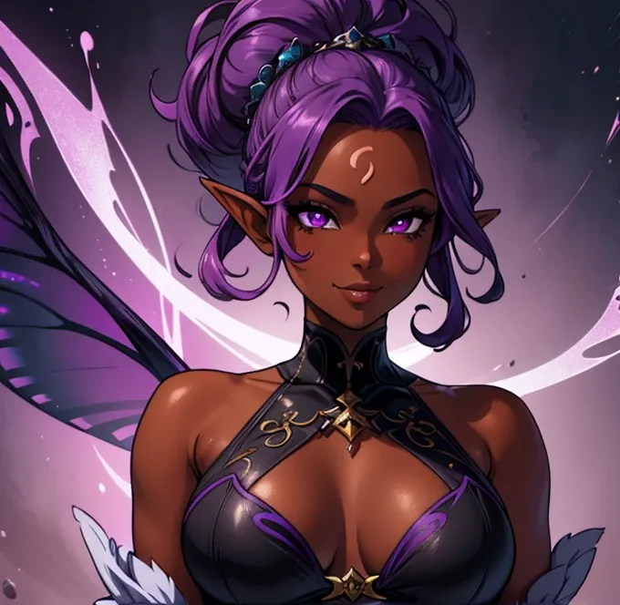 best quality,4k,8k,highres,masterpiece:1.2), ultra-detailed, mature ebony-skinned female, ethereal features, curvy, violet eyes and lavender curly hair. Fae. Fae ears. Black and violet butterfly wings. Dark skin 1.7, DarkChocolate skin 1.8. Black skin 1.7....