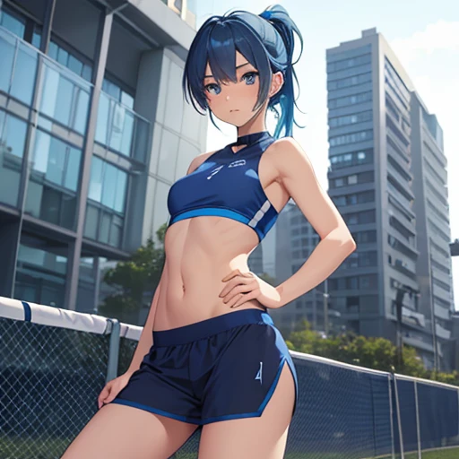  petite fem boy blue hair ponytail and blue eyes , flat chest thin waist and navel wearing blue volleyball girls clothes , compression shorts women with spandex skirt 