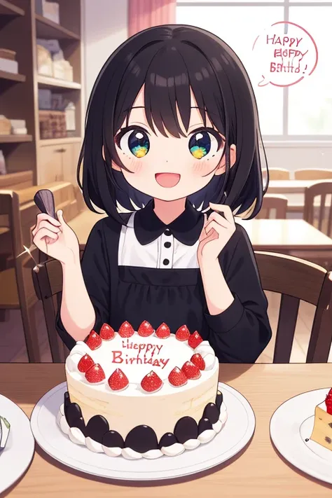  Super Detail, Masterpiece, top quality, indoor, 1 girl,work, comic style ,Speak from the heart, small,long black hair , chibi,Sparkling Eyes,, happy birthday,article, cake,food, eats, table, happy 