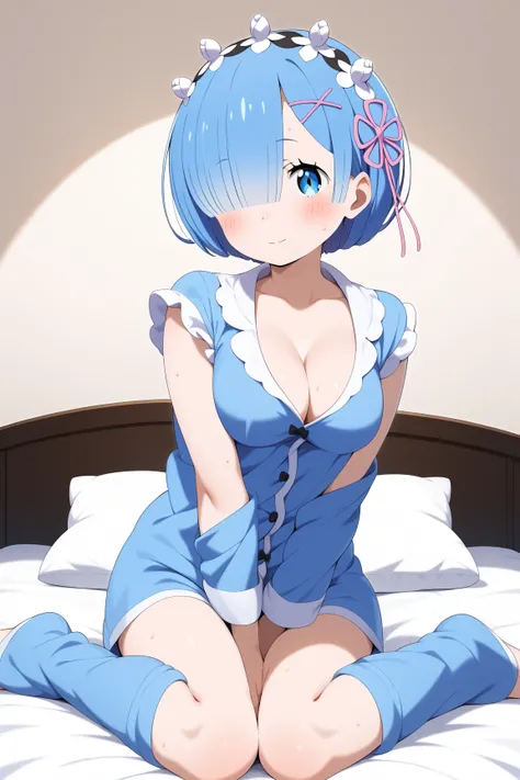 masterpiece,best quality,{{detailed beautiful face and eyes}}, very detailed background,
Rem,{{{megami magazine}}},short hair,blue hair,bob cut,hair over left eye,hair ornament,maid headdress,blue eyes,medium breasts,
((blue pajamas)),
1girl,cleavage,(is a...