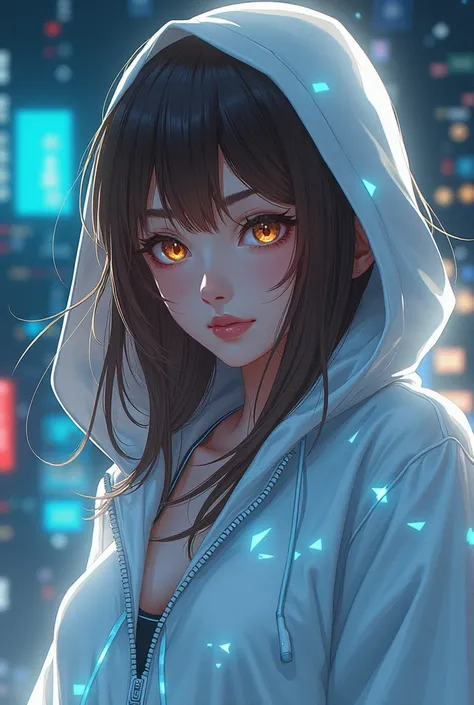 Chica anime hacker,  brown hair, brown eyes,  tall height, hologram white sweater wearing the hood,  sexy look 