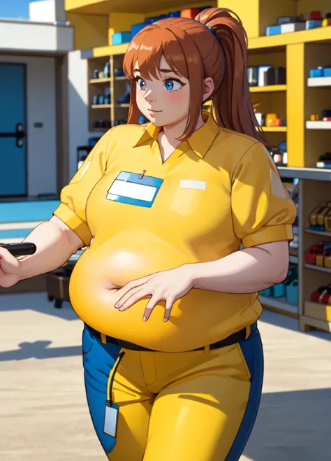 ( masterpiece,  best quality,  Beautiful detailed eyes ,  kinematic lighting ), adult, 
1 girl, Alone ,  cowboy shot,
employee(big fat body),,   yellow shirt,  blue pants , Name tag,(clothes that fit your big, fat body size).