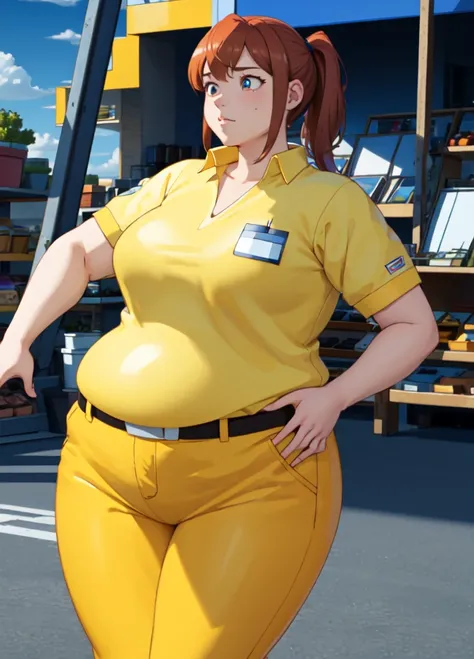 ( masterpiece,  best quality,  Beautiful detailed eyes ,  kinematic lighting ), adult, 
1 girl, Alone ,  cowboy shot,
employee(big fat body),,   yellow shirt,  blue pants , Name tag,(clothes that fit your big, fat body size).