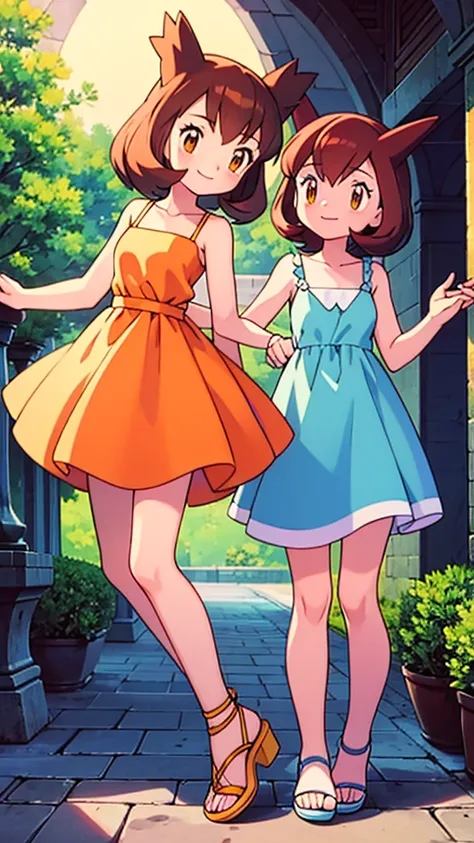 masterpiece, best quality, ultra-detailed, illustration, beautiful detailed eyes, very detailed illustration, cinematic lighting, 2. Girls, Pokemon Heroes (Bianca), Brown Hair, brown eyes, , sleeveless, collarbone, orange Camisole dress, orange dress, intr...