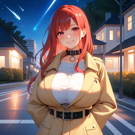 posing, medium focus, forced smile, long black raincoat coat, belt, shy look, blush, star \(sky\), starry sky, 1 girl, red hair with pink tint, colored hair, choker collar, night, night sky, sky, long silky hair fluttering in the wind, solo, building, hand...