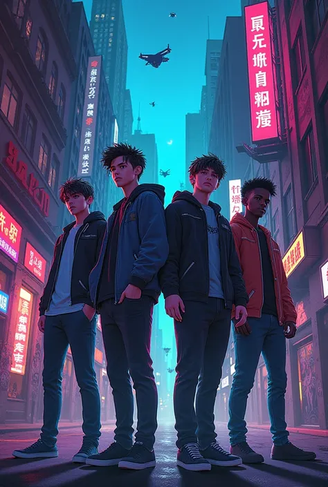 Make me a cover for a musical shootout that is about four boys, one catre one black, the other brown and the last downpour, make the cover like the movie The Purge in an anime version