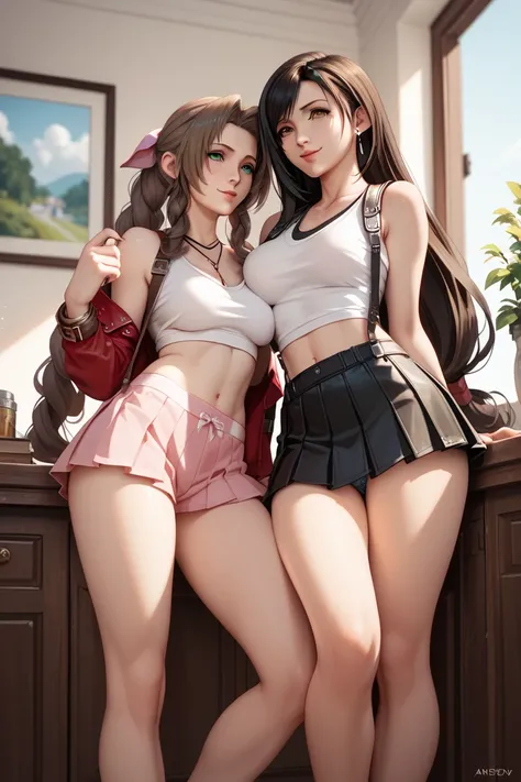 Tifa lockhart, aerith, final fantasy,  boxers, pleated skirt, windy day,(two girls, one image)