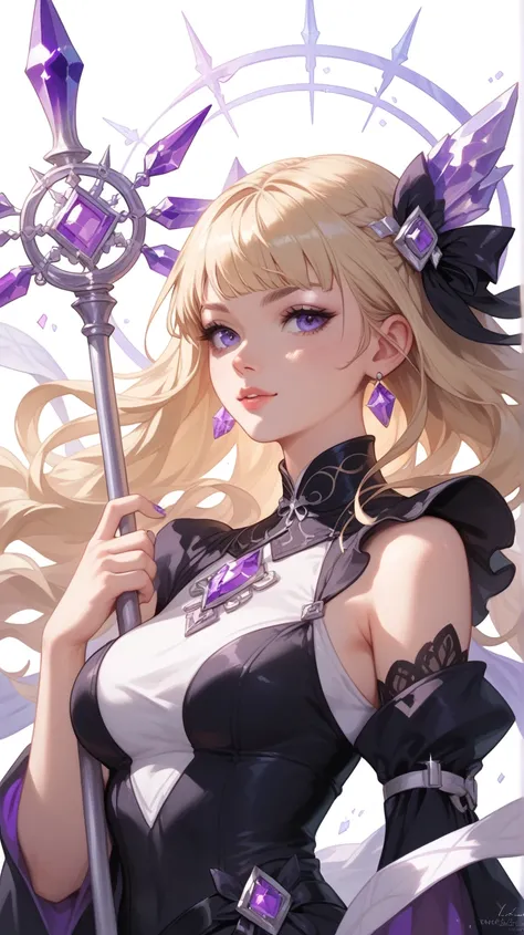 Image is a digital illustration featuring an anime-style character with long, flowing blonde hair and fair skin. The character is seated amidst a backdrop of broken white columns and vibrant purple crystals. She is wearing a black outfit with intricate des...