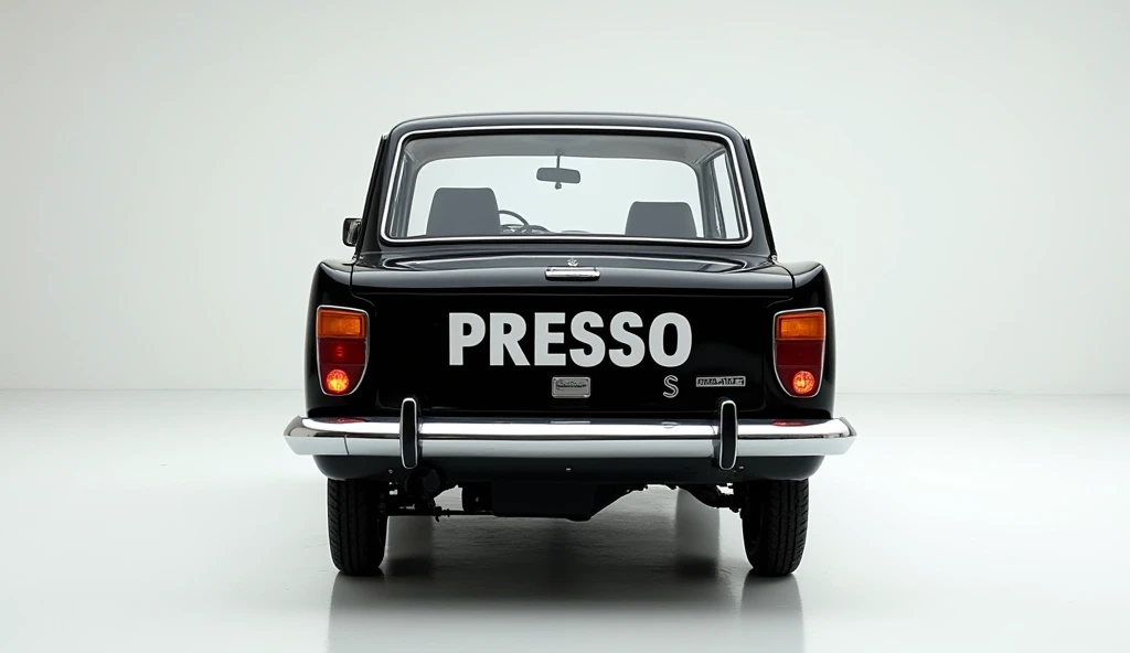  A old 1970 (Maruti Suzuki S Presso) in (black), a premium car. The car is parked in a sh4K ultra-realistic image of aowroom with white room on the floor.The large "Presso" on the plate number adds exclusivity and excitement features advanced bright Orange...