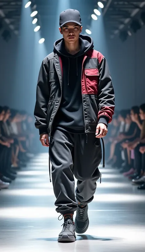 (photorealism:1.2),  very Handsome japanese man, 22-27 year-old, On the runway, fashion show, Streetwear, paired with accessories like chunky sneakers and a stylish cap. 