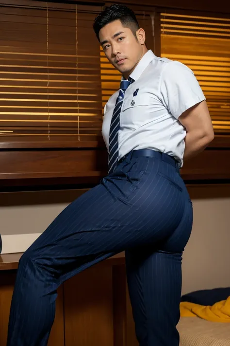 40-year-old boy ,Korean bulky male officer ,Wear navy blue police uniform shirt................ pinstripe navy blue smooth tight trouser, transparent pants obvious underwear print ,((unrealistic super big tight butt wearing pants)), legs wide open, legs on...