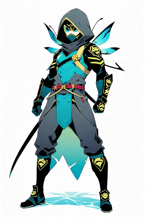  Cyberpunk Ninja Action Novel。One Bioninja。((white background illustration ))。(( full body illustration))。(( standing))。Ninja mask。Antlion motif。Insect-like ninja costume。