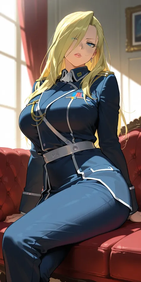 Masterpiece, elegant mature woman, milf,   tall body, curvaceous, olivier mira armstrong, lips,  upper body, sit on sofa, dynamic lighting, ultra detailed, highres, home, fullmetal alchemist anime style, military uniform,