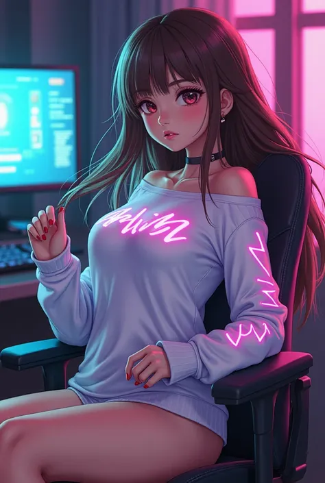 Chica anime hacker,  brown hair, brown eyes,  tall height, hologram white sweater with bare chest,  flirty look, sitting in a gamer chair with her legs crossed, wear a short short 