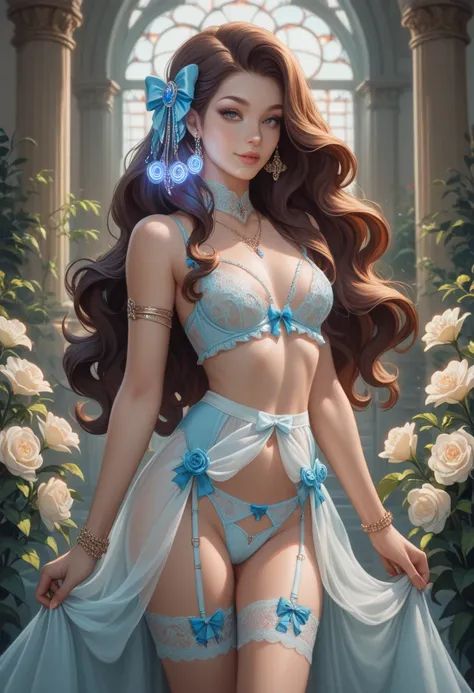 score_9, score_8_up, score_7_up, 1girl, long hair, bright hair color, seductive eyes, mysterious expression, perfect body, petite, girl appearance, 15yo, charming lingerie, flowing lingerie, elegant jewelry, intricate decoration, magic symbols, glowing acc...