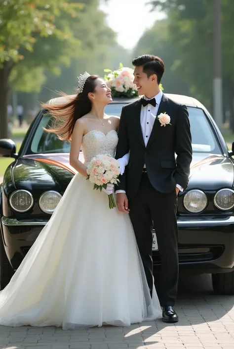 Full body Looking at Camera,   top quality  ,   masterpiece , please let the couple stand beside a Black car, an Elegant limousine decorated with flowers and ribbons especially for weddings,,   1 girl  ,  Big Laugh  , cute ,  sparkling lips  ,  sweet ,  su...