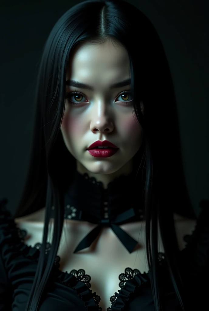 intricate portrait of a raven-haired woman, intense piercing eyes, full detailed lips, flawless porcelain skin, elegant gothic dress, dark mysterious background, dramatic lighting, digital art, cinematic, hyper-realistic, 8k, photorealistic, masterpiece, c...