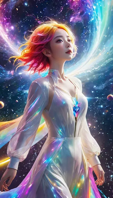  floating in-space 、((whole body))、,  top quality,  Highly Detailed CG Synthesis 8K Wallpaper , Cinema Lighting,  lens flare,  pay attention to details, White clothes,   multicolored hair , Rich and colorful light,  particle, 、 girl、Laugh without fear 、  r...