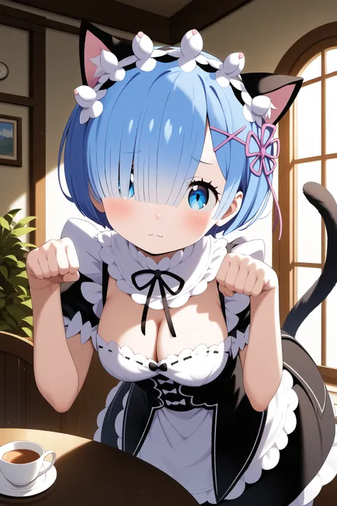 masterpiece,best quality,{{detailed beautiful face and eyes}}, very detailed background,
Rem,{{{megami magazine}}},short hair,blue hair,bob cut,hair over left eye,hair ornament,maid headdress,blue eyes,medium breasts,
((maid,cleavage,maid headdress,fake ca...