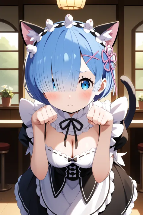 masterpiece,best quality,{{detailed beautiful face and eyes}}, very detailed background,
Rem,{{{megami magazine}}},short hair,blue hair,bob cut,hair over left eye,hair ornament,maid headdress,blue eyes,medium breasts,
((maid,cleavage,maid headdress,fake ca...