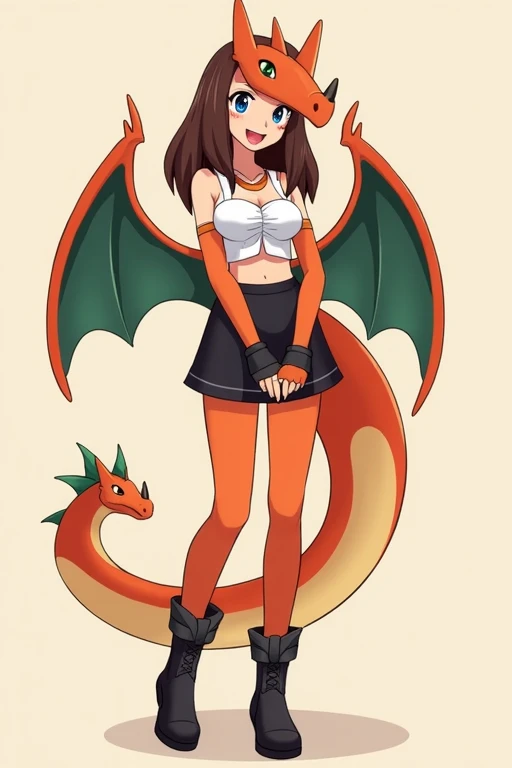 ((Charizard)), anthropomorphic, medium boobs, big ass, pokemorph, (((1girl))), (((blouse sweeter crop top))), (mini skirt), cute and sexy, (boots heels), slender, orange skin, (black fingerless gloves), long legs, smiling, full body, legs and feet show