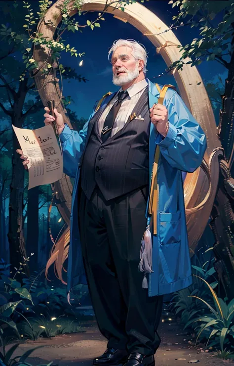 Gay old fat man, fat weight, fat chest, white hair, Magic clothes, in Forest at night 