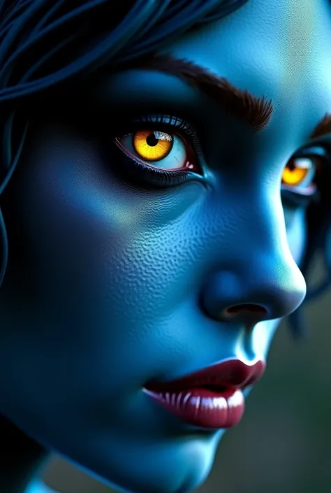 a mystique woman with blue skin, yellow eyes, beautiful detailed eyes, beautiful detailed lips, extremely detailed face and portrait, raven darlholme character, fantasy, digital painting, cinematic lighting, dramatic pose, concept art, highly detailed, int...