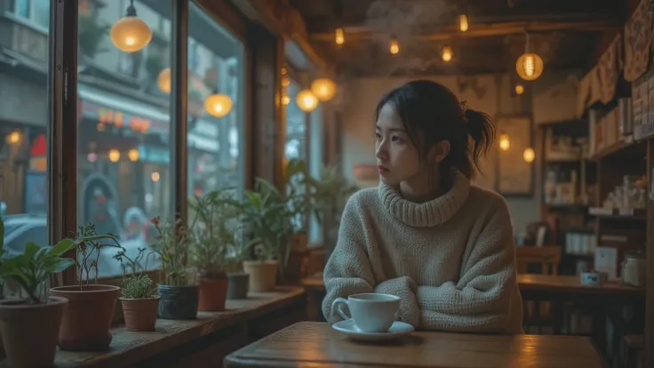 A lonely woman is looking out the window drinking coffee at a cafe