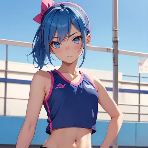  petite fem boy blue hair ponytail and blue eyes , flat chest thin waist and navel wearing pink and blue combo volleyball girls clothes ,    with spandex side cut skirts for volleyball 