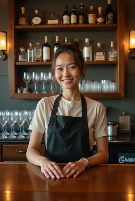    A cozy bar interior with a large wooden counter polished to shine and three shelves organized behind it, stocked with bottles and glasses .   A young woman stands behind the counter, Work uniform your hair elegantly tied, Smiling warmly.    She has a co...