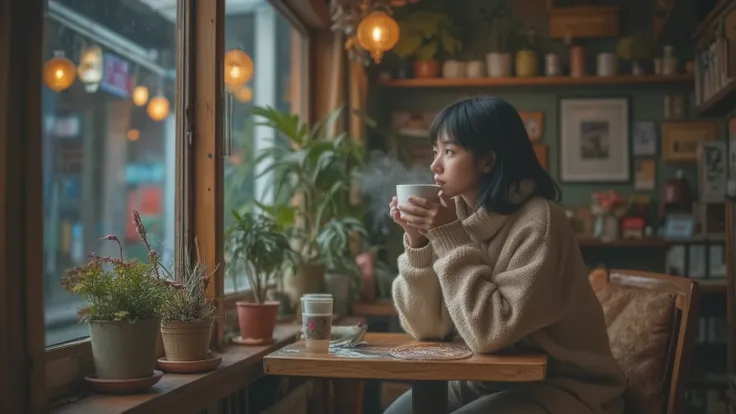 A lonely woman is looking out the window drinking coffee at a cafe