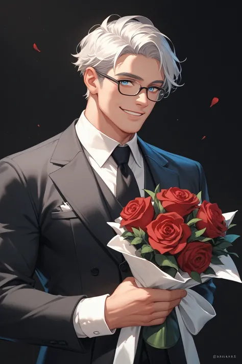 man, solo, mature male, manly, 40 years old, silver-white hair, short hair, glasses, bright blue eyes, loving smile, toned, black expensive suit, holding bouquet of red roses, portrait