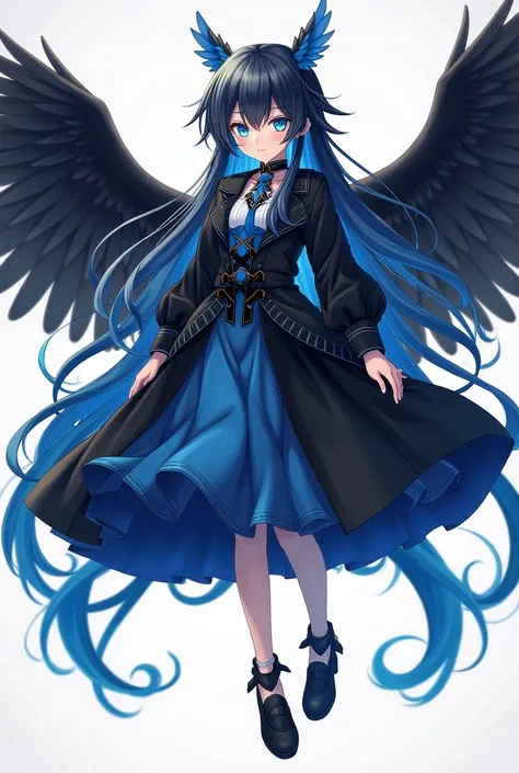 ( maximum quality,  best angle quality,  official art ,  whole body,  and aesthetics :1.2)  anime girl , Crow wings on the back,  blue eyes, long blue and black hair ,  stunning black and blue dress, stunning black and blue skirt ,  black shoes .
