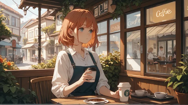 A lonely woman is looking out the window drinking coffee at a cafe