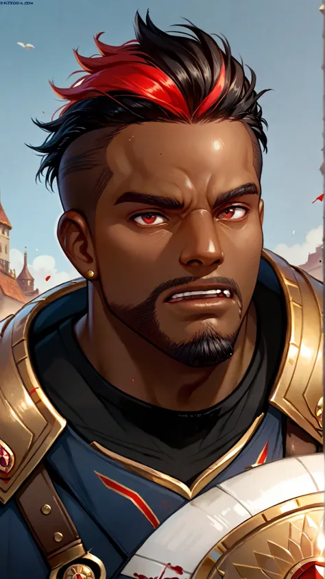 Create a dark-skinned African black man, With short black dread hair with red highlights, with goatee,  with blood red eyes ,  bronze armor with gold and diamond details black stones in, fighting a man with a monstrous goat's head