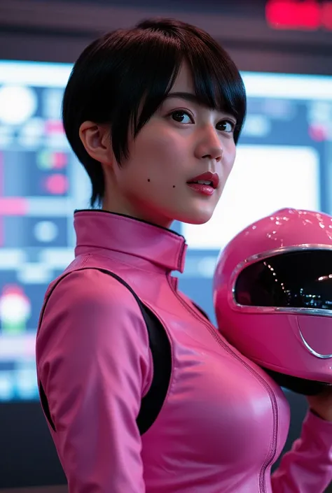 Create an image of a beautiful young ager in a Power Rangers outfit in pink with black details.medium breast, she must hold his Power Rangers helmet in one hand and the helmet must be pink.. she must have black pixiecut hair.
She must be in a technological...