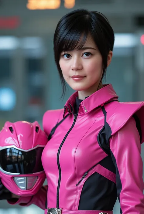 Create an image of a beautiful young ager in a Power Rangers outfit in pink with black details.medium breast, she must hold his Power Rangers helmet in one hand and the helmet must be pink.. she must have black pixiecut hair.
She must be in a technological...